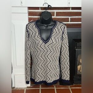 Tory Burch Navy and Cream Heavy Knit Sweater Size M